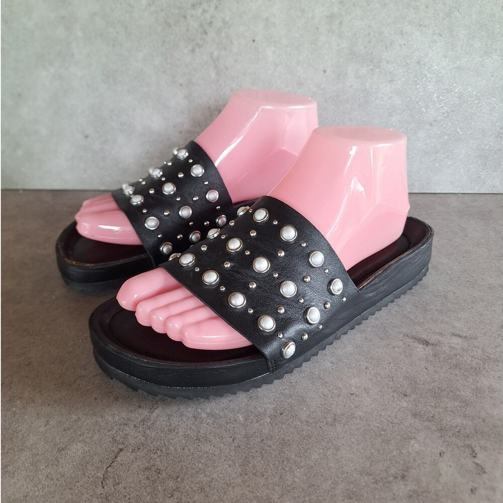 Hispanitas Black Leather Studded Pearl Slide Sandals platform casual comfortable